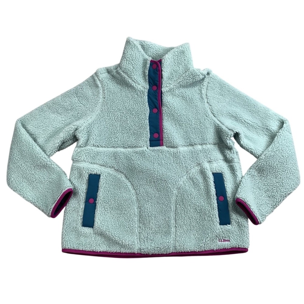LL Bean High Pile Sherpa Fleece Pullover Jacket Womens Medium Teal Snap Pocket